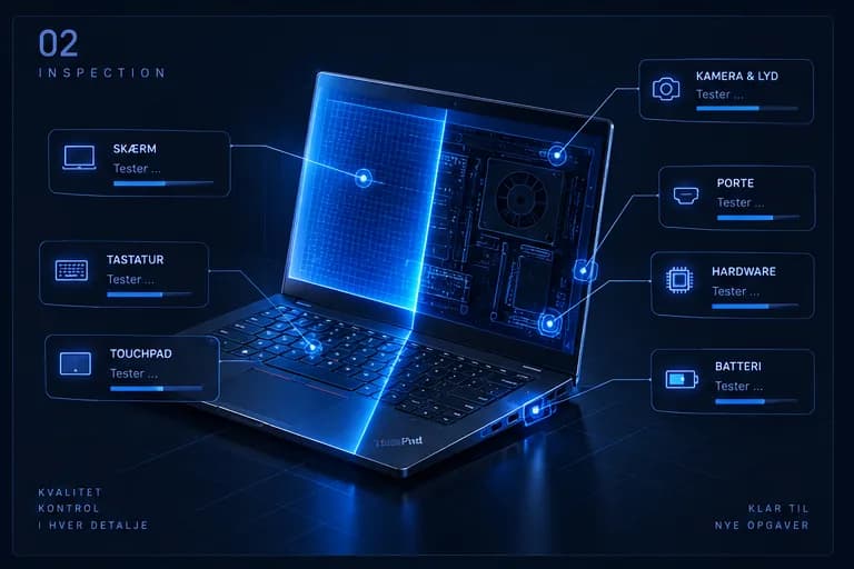 Bærbar under gennemgang med kontrolpunkter for skærm, tastatur, porte, batteri og hardware.