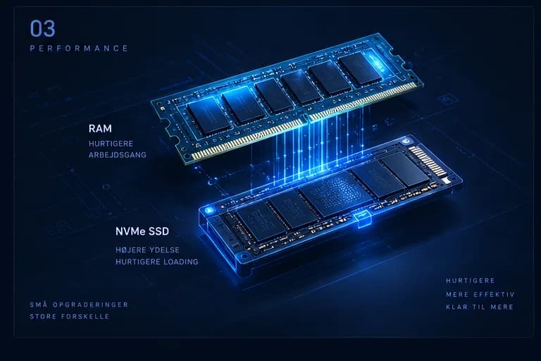 Et RAM-modul og et NVMe SSD over hinanden, som de to opgraderinger der flytter mest.